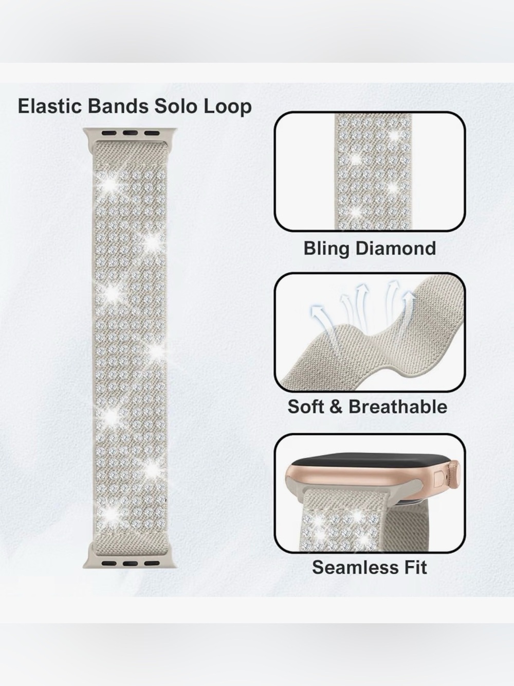 Bling Diamond Elastic Solo Loop Watch Band (fits Apple Watches/Smart Watches - Picture 3 of 7